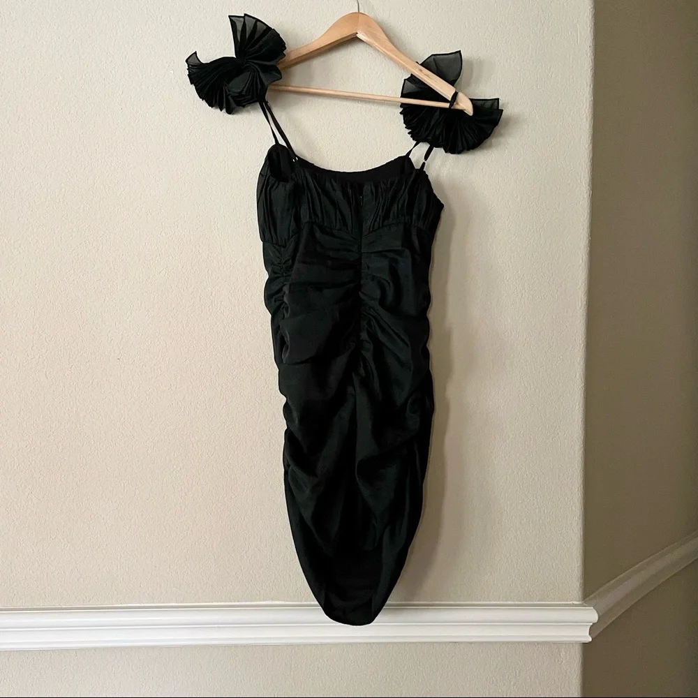 Lovers + Friends Moda Mini Dress Ruched Shoulder Bows Cocktails Party LBD - Picture 4 of 12